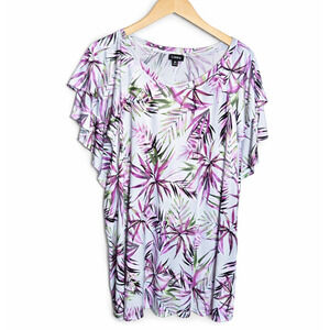 Links Women’s 2X Tropical Palm Print Top Flutter Sleeve Purple Green Summer